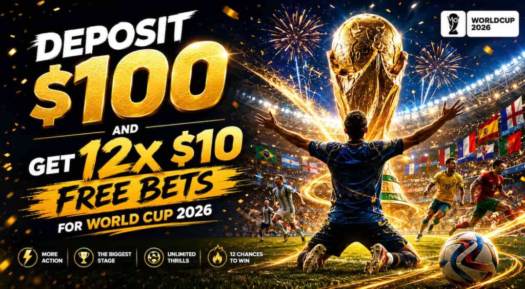 أودع 100 دولار واحصل على 12 رهاناً مجانياً بقيمة 10 دولارات لكأس العالم 2026
