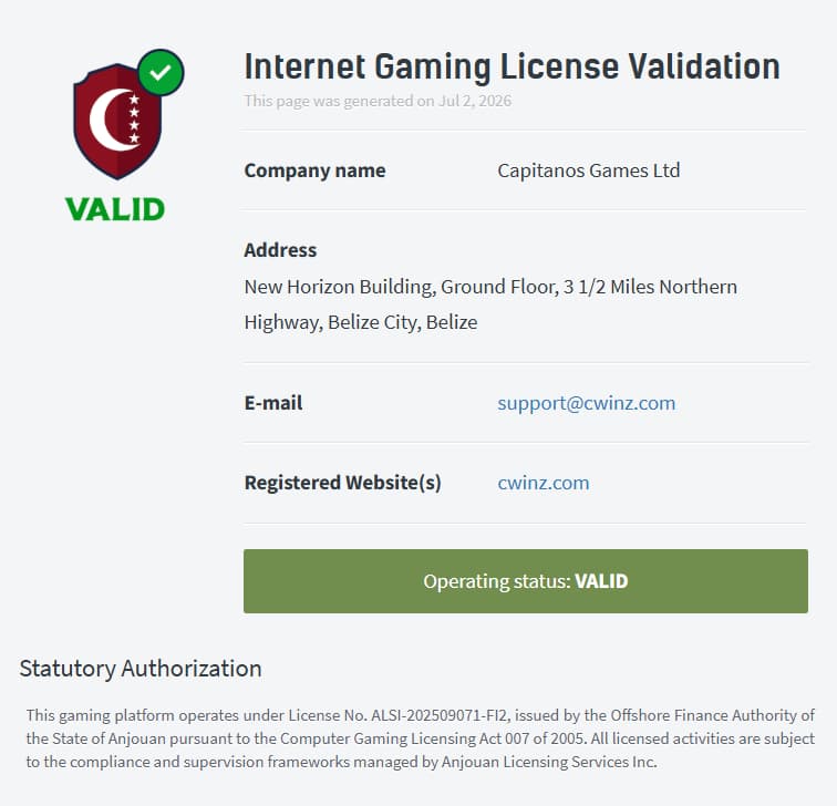 cwinz licence screenshot