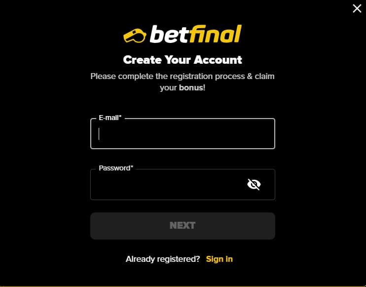 Betfinal registration step 1