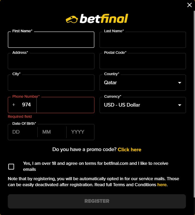 Betfinal registration step 2